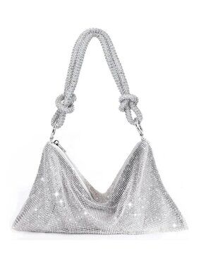 Silver Rhinestone Mesh Slouchy Knotted Shoulder Bag
